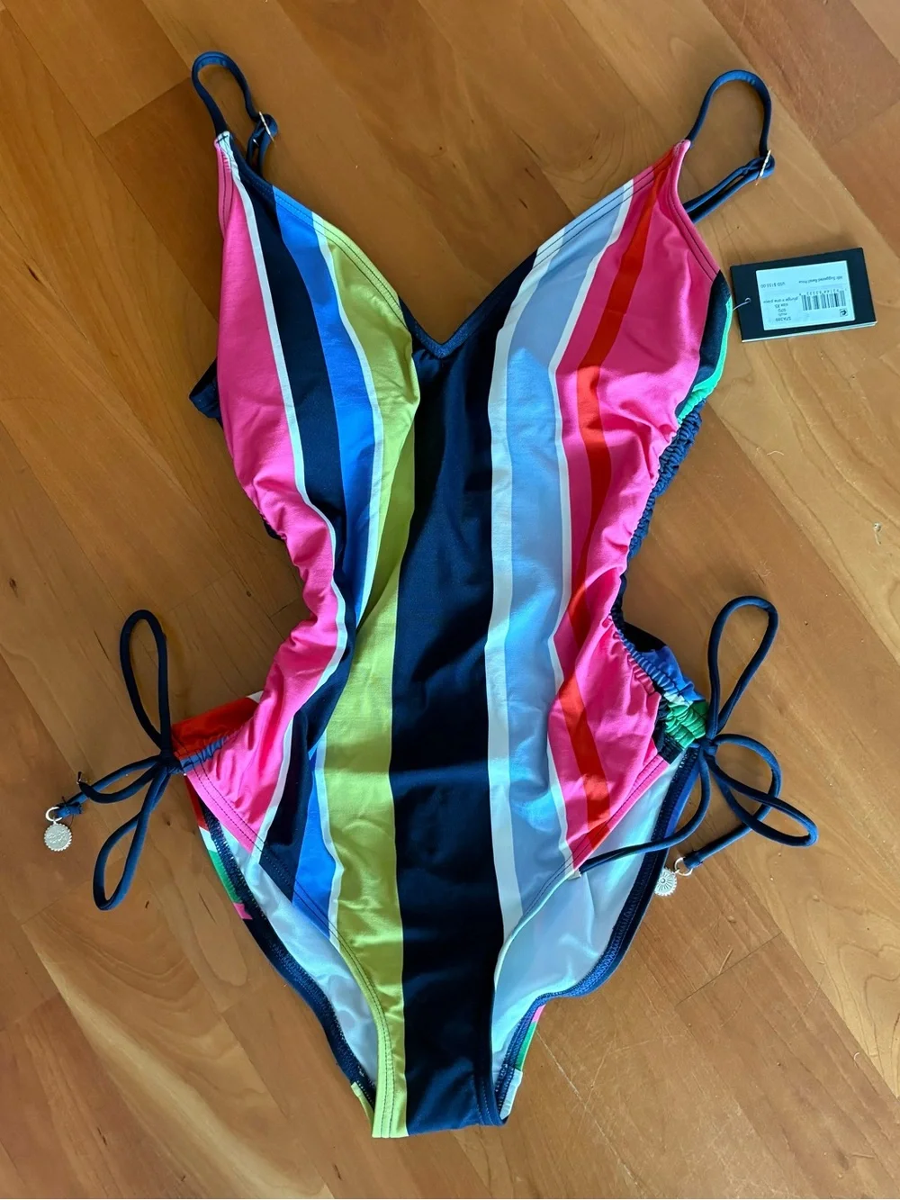 Kate Spade Plunge Neck One Piece Swimsuit Striped Side Tie XS NWT